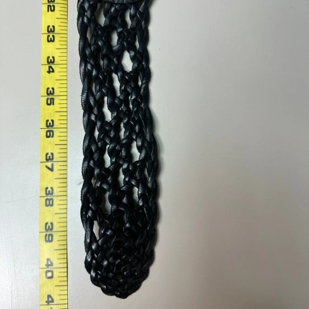 AD Black Braided Leather Belt Size 85 Wide Silver Horseshoe Buckle Boho